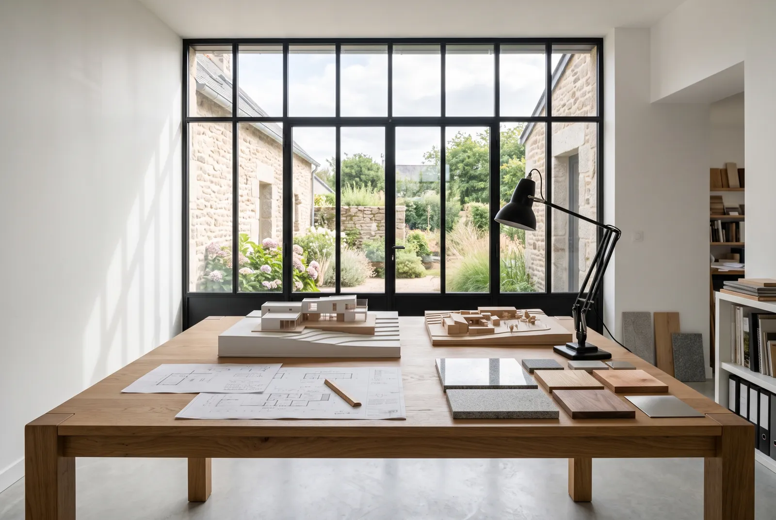 L'atelier du cabinet : grande table, maquettes et plans