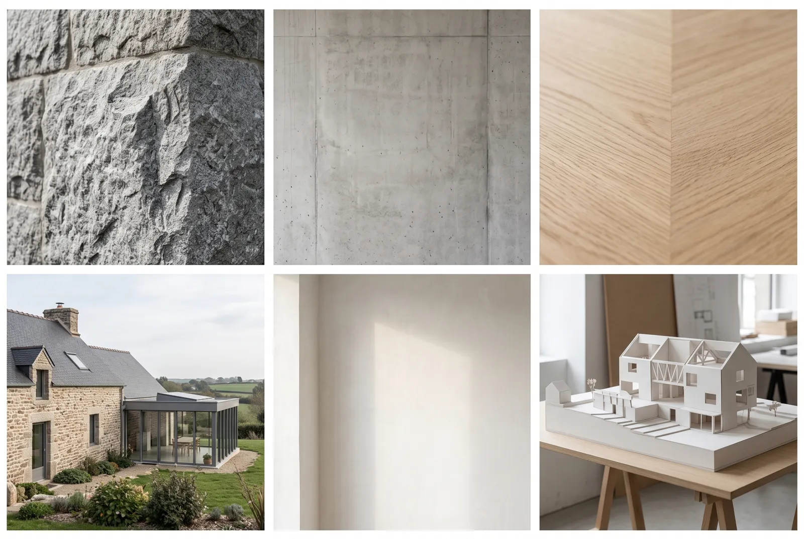 Planche d'inspiration : granit, béton, chêne, longère rénovée, lumière, maquette