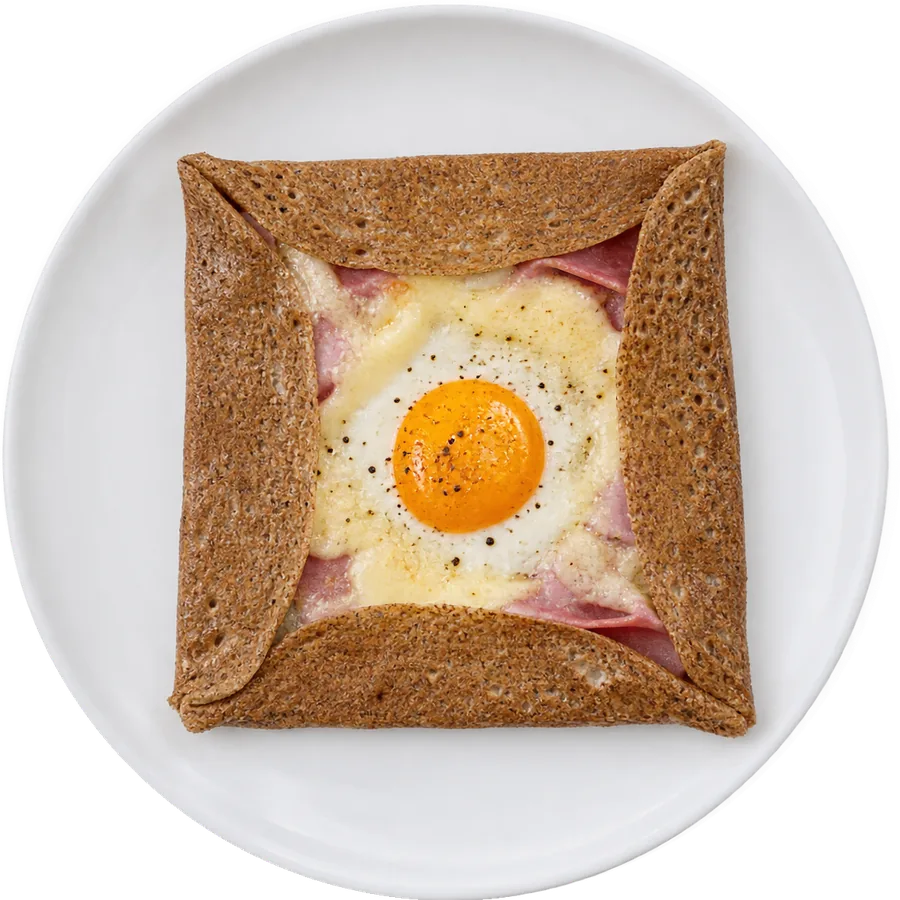 Une galette complète au jambon, emmental et œuf, vue du dessus