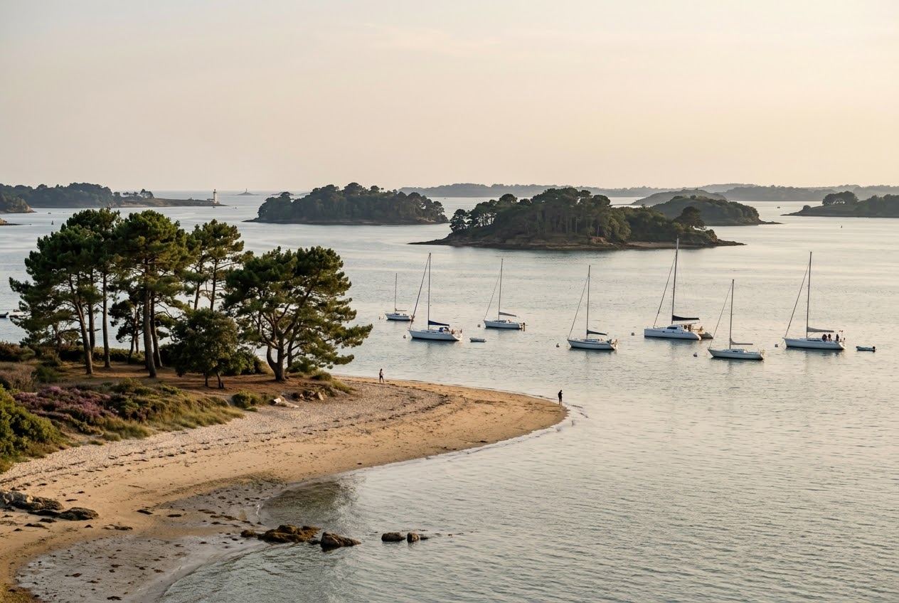 Plage d'Arradon bordée de pins avec voiliers au mouillage