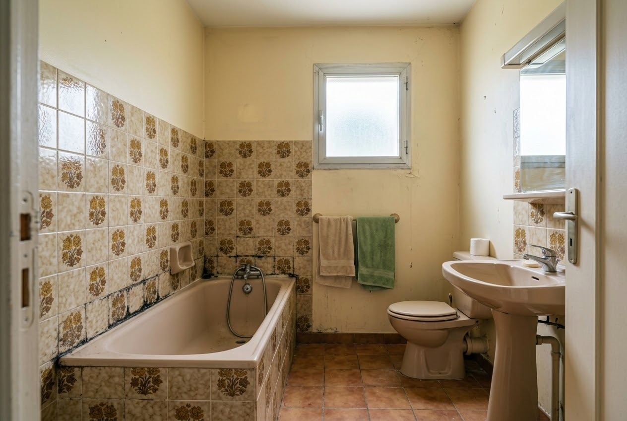 Salle de bain avant travaux : baignoire et carrelage des années 80