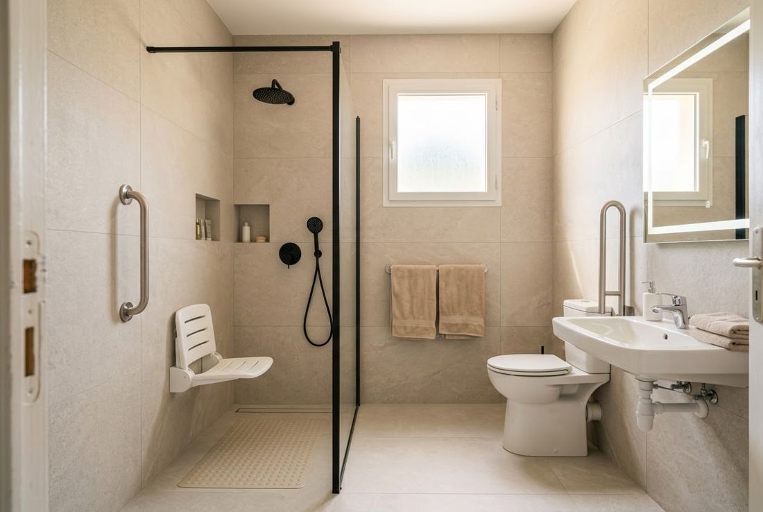 Salle de bain adaptée aux seniors avec siège de douche et barres d'appui