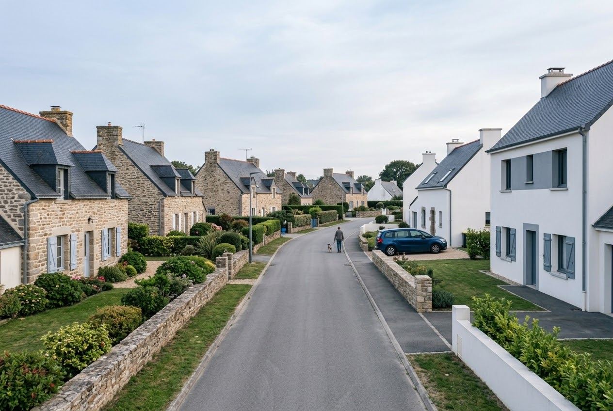 Rue résidentielle avec maisons en pierre et maisons récentes