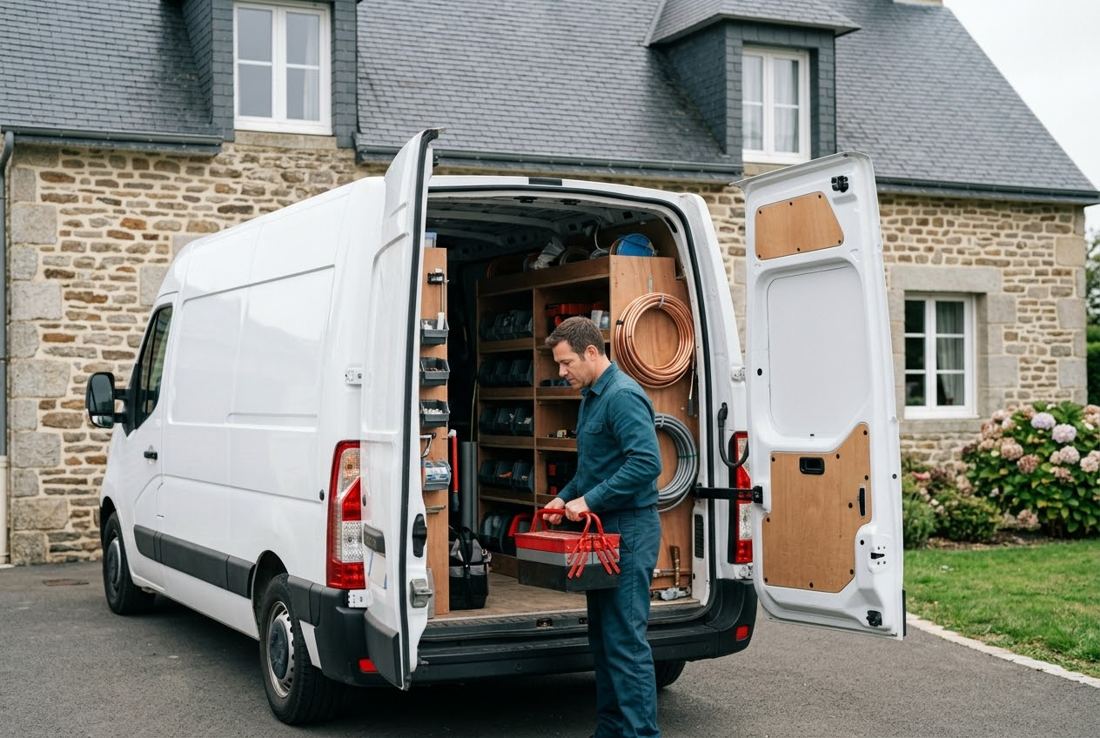 L'utilitaire du plombier, rangé et équipé, devant une maison bretonne